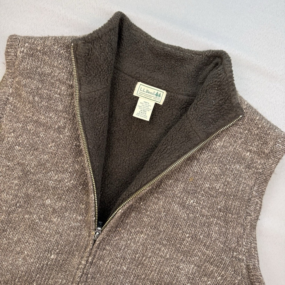 LL Bean‎ Vest Men's M Knit Wool Linen Full Zip Sweater Fleece Lined Brown